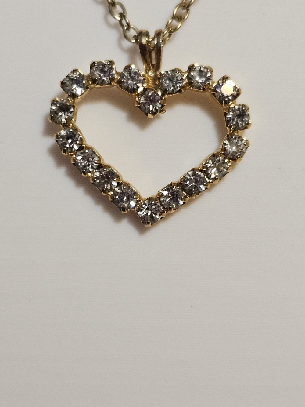 Vintage Gold Heart Pendant Necklace with Clear Crystals. Chain 18"